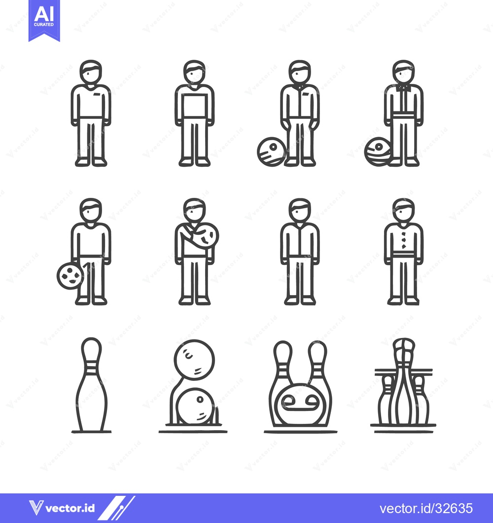 Premium Vector of Bowling Icons - People, Balls, and Pins in Minimalist Style.
