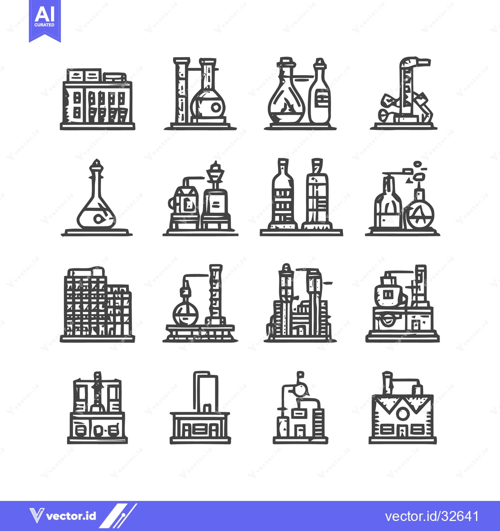 Premium Vector of Chemical Plant Icons - Industrial Science and Laboratory Equipment.