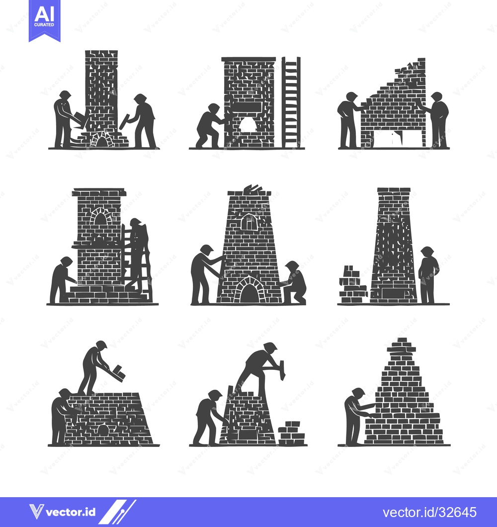 Premium Vector of Bricklaying Construction Workers Building Chimneys and Structures.