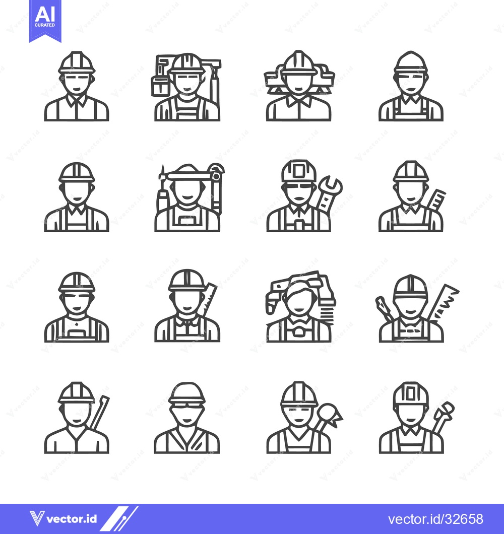 Premium Vector dari Construction worker icons set, various professions, line art style, ve