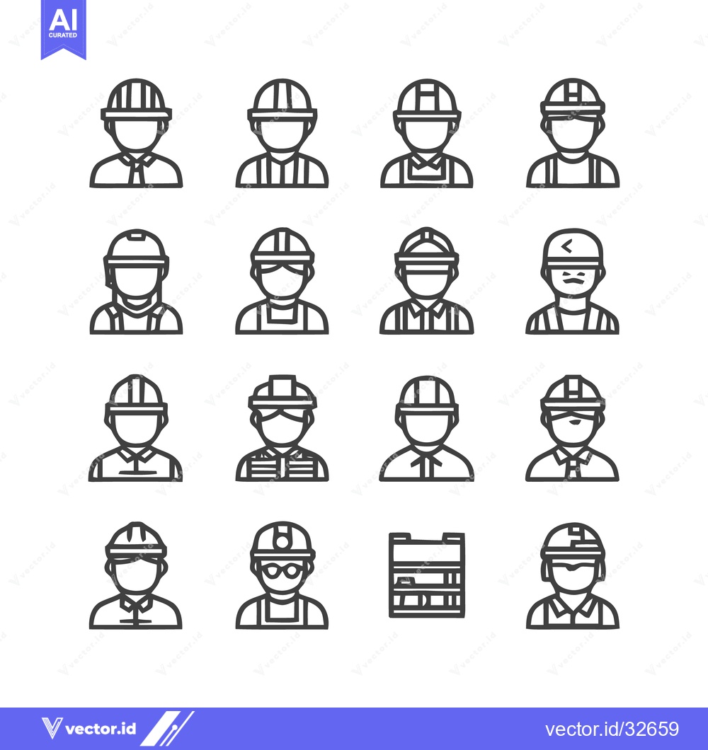 Premium Vector of Construction worker icons set, various professions and safety helmets.