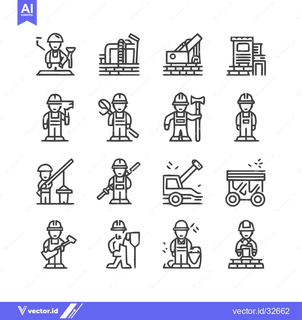 Premium Vector of Construction Workers and Industry Icons in Line Art Style.