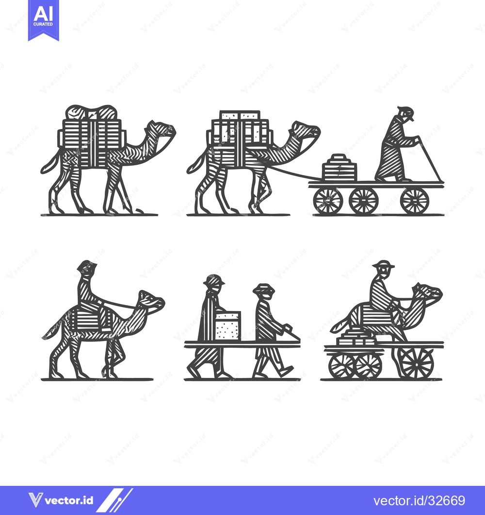 Premium Vector of Vintage Camel Caravan Transportation Illustration Set.