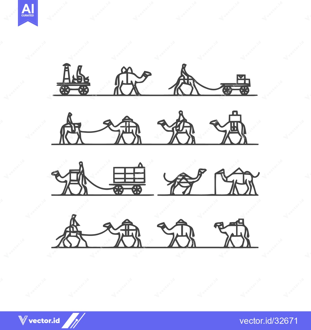 Premium Vector of Camel Caravan Line Art Illustrations for Travel and Transport.