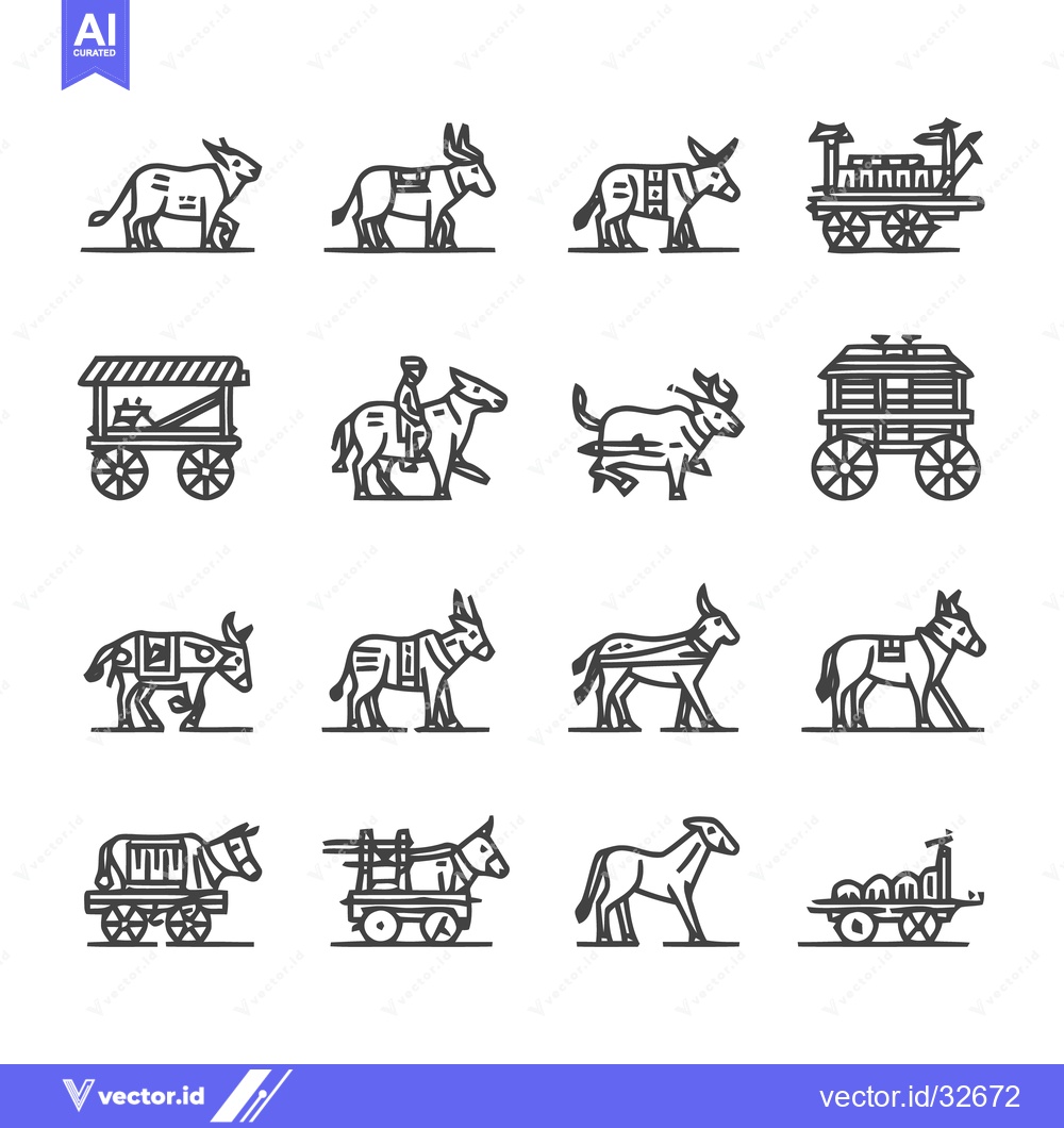 Premium Vector dari Collection of Donkey and Cart Illustrations in Line Art Style.