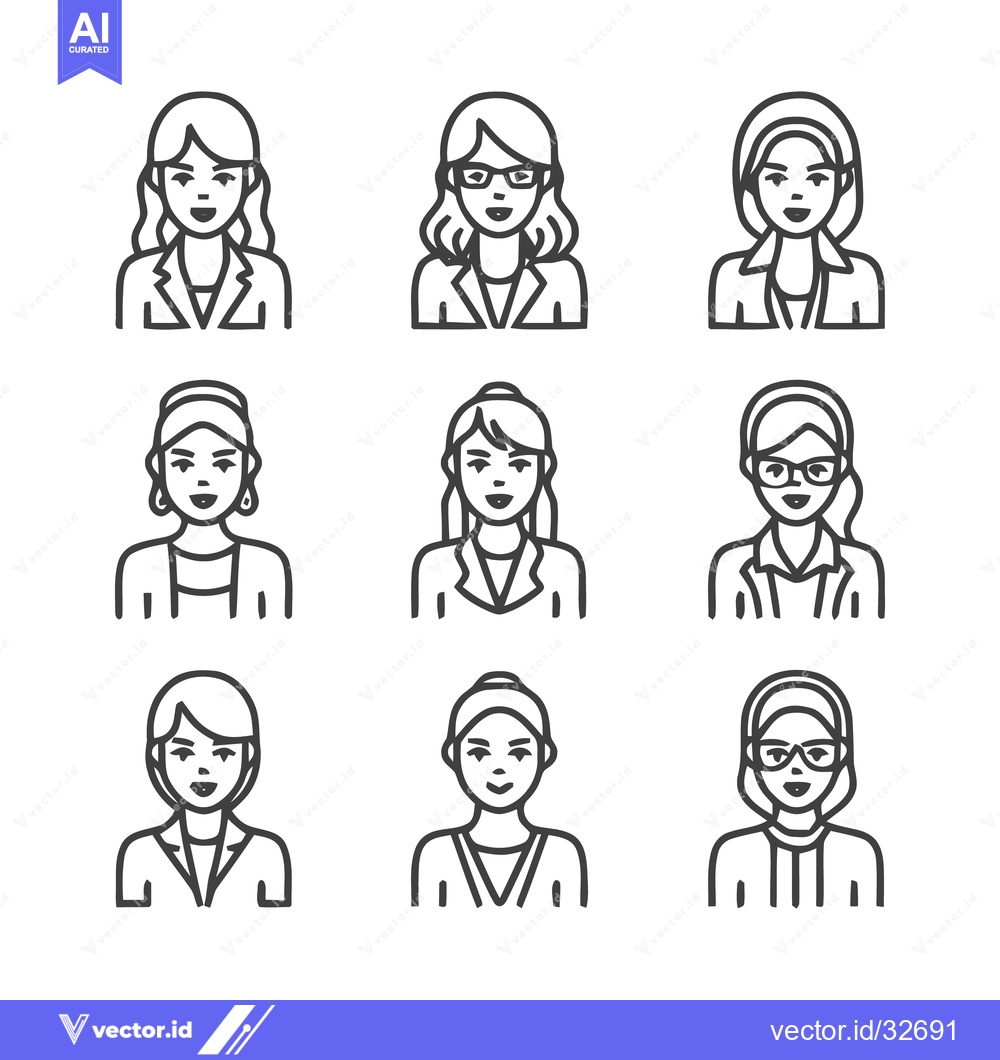 Premium Vector of Nine Businesswomen Icons - Diverse Professional Portraits.