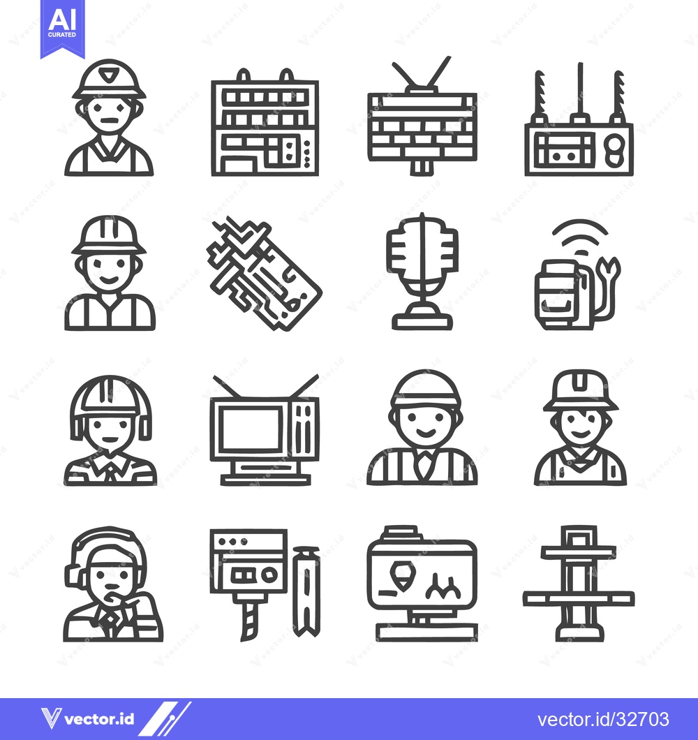 Premium Vector of Collection of Construction Workers and Communication Equipment Icons.