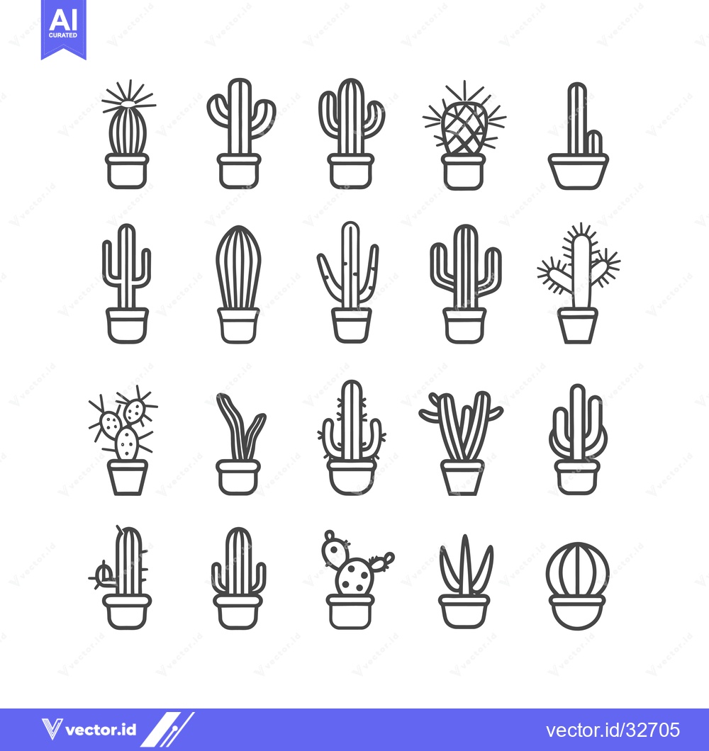 Premium Vector of Collection of Cactus Line Art Icons in Pots