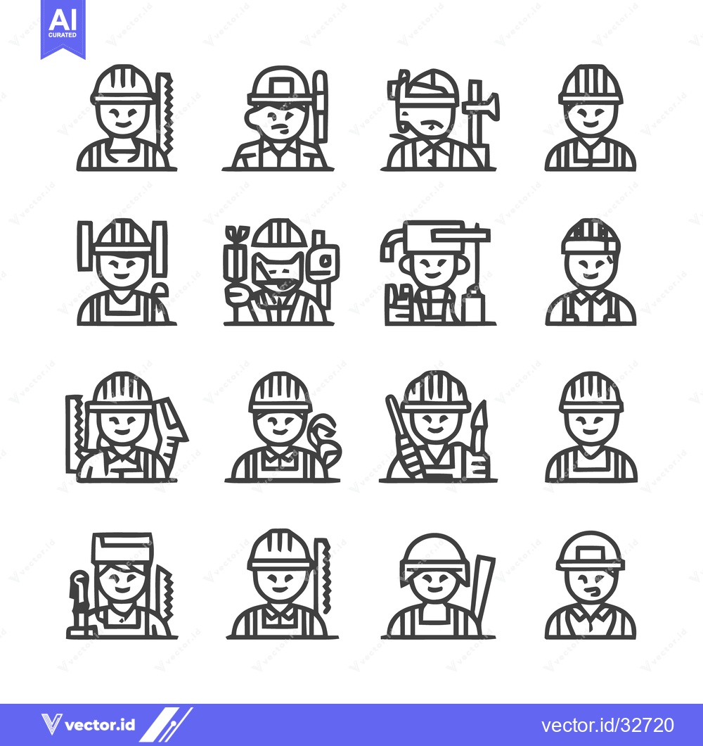 Premium Vector dari Construction Workers - Diverse Line Art Icons for Various Professions.