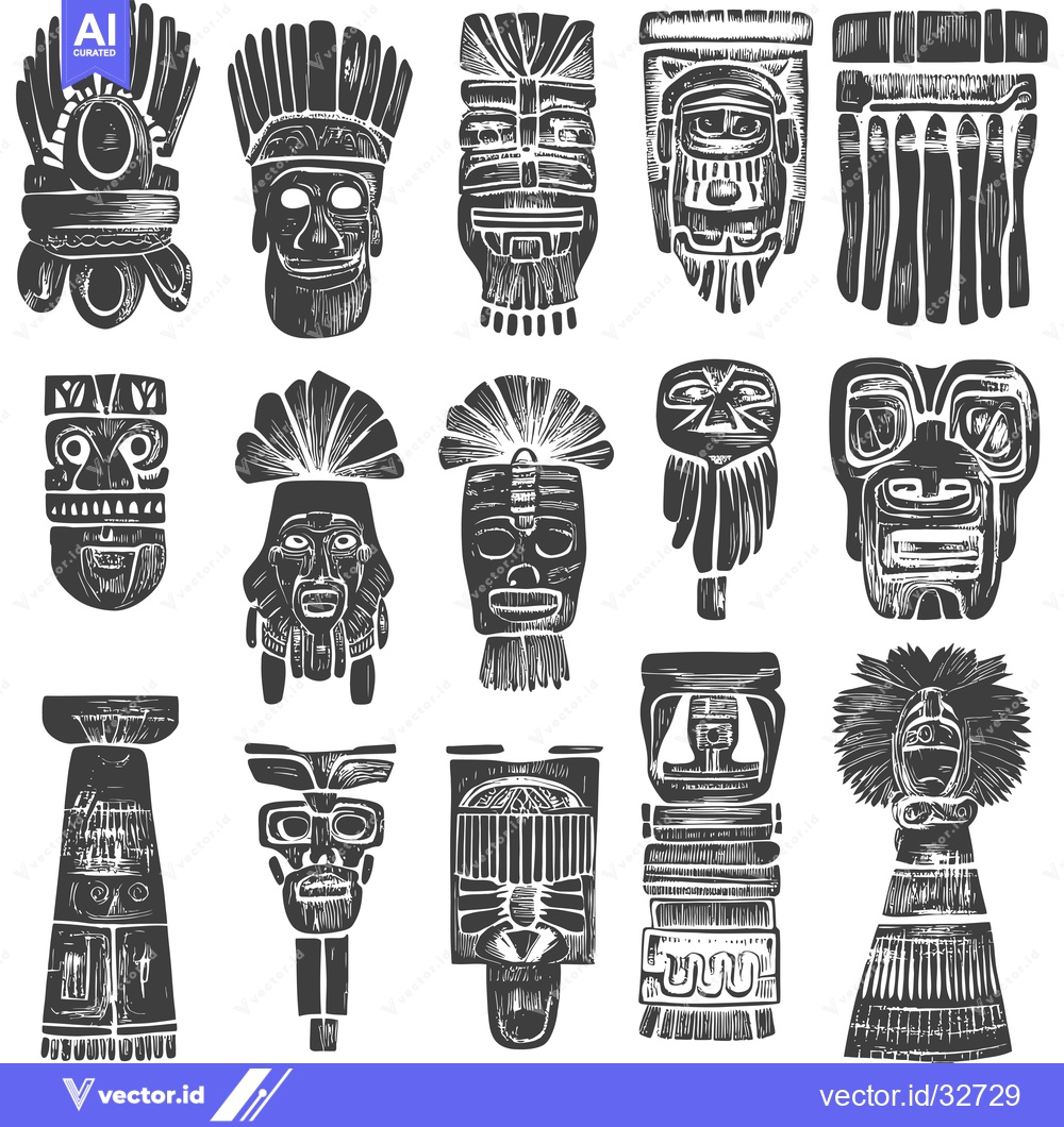 Premium Vector dari Collection of Carved Wooden Masks with Intricate Designs