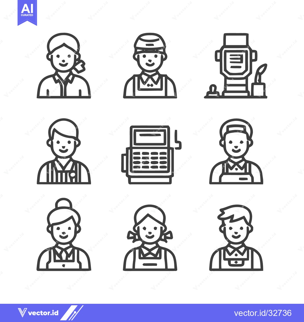 Premium Vector of Diverse Line Art Icons Depicting Various Professions and Occupations.