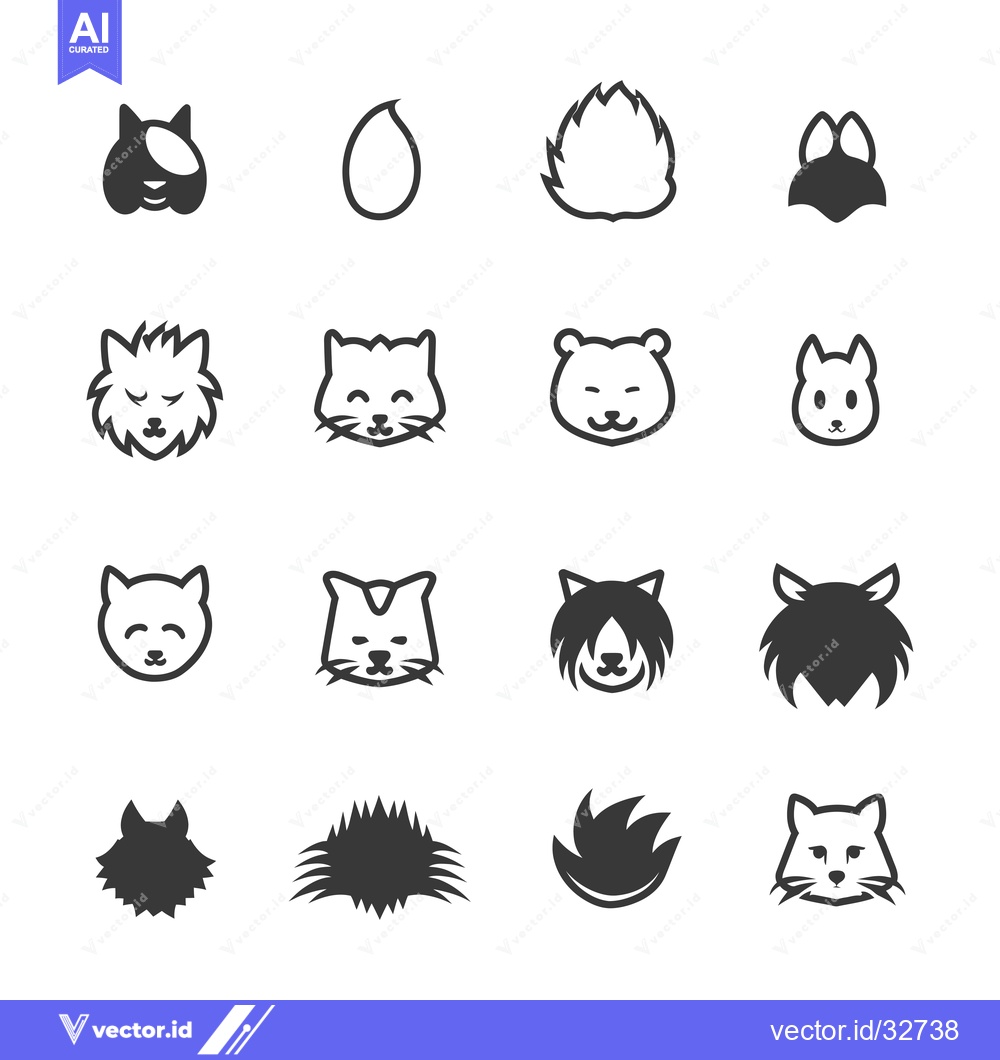 Premium Vector of Collection of Cat and Animal Head Icons in Black and White