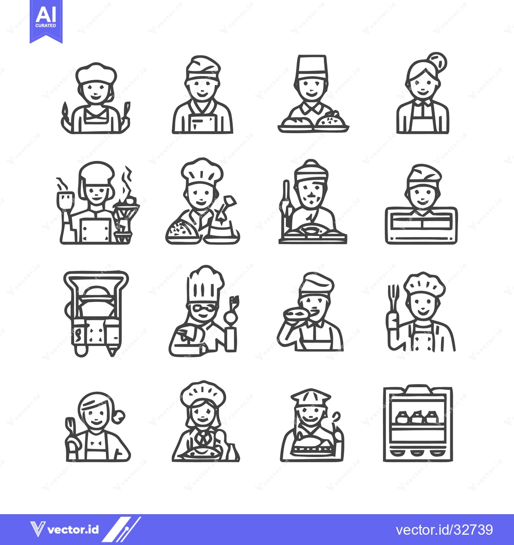 Premium Vector of Chef Icons - Diverse Culinary Professionals in Various Settings.