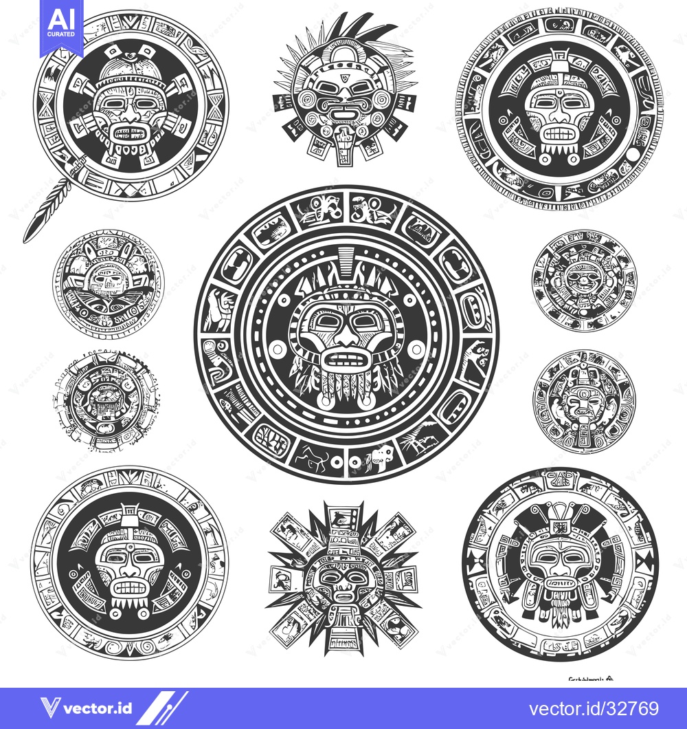 Premium Vector of Collection of Circular Aztec Designs with Masks and Symbolic Patterns