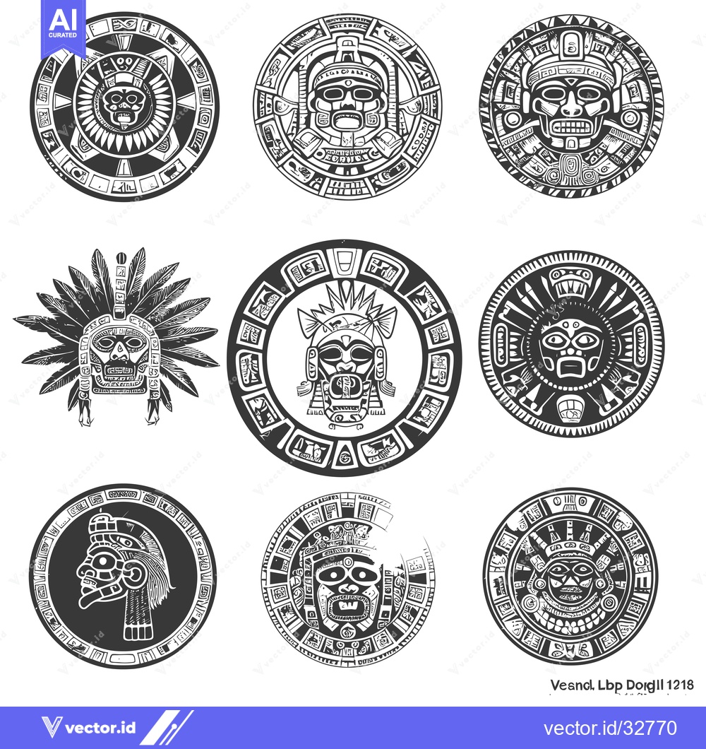 Premium Vector dari Collection of Circular Aztec-Inspired Designs with Mask and Feathers M