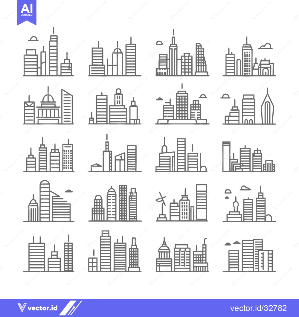 Premium Vector dari Collection of City Skyline Illustrations with Simple Line Art Designs
