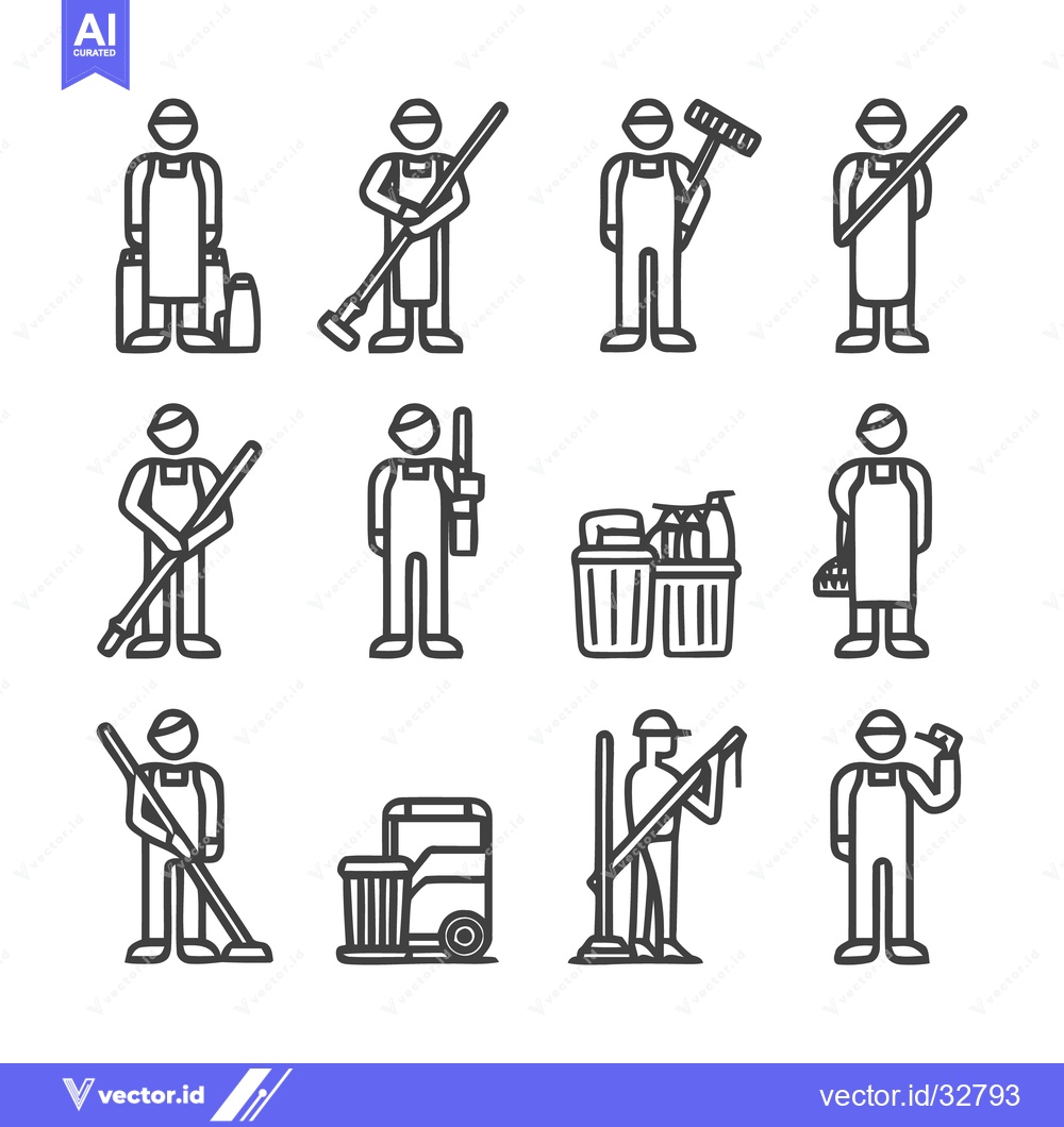 Premium Vector dari Cleaning crew icons representing various cleaning activities and tools