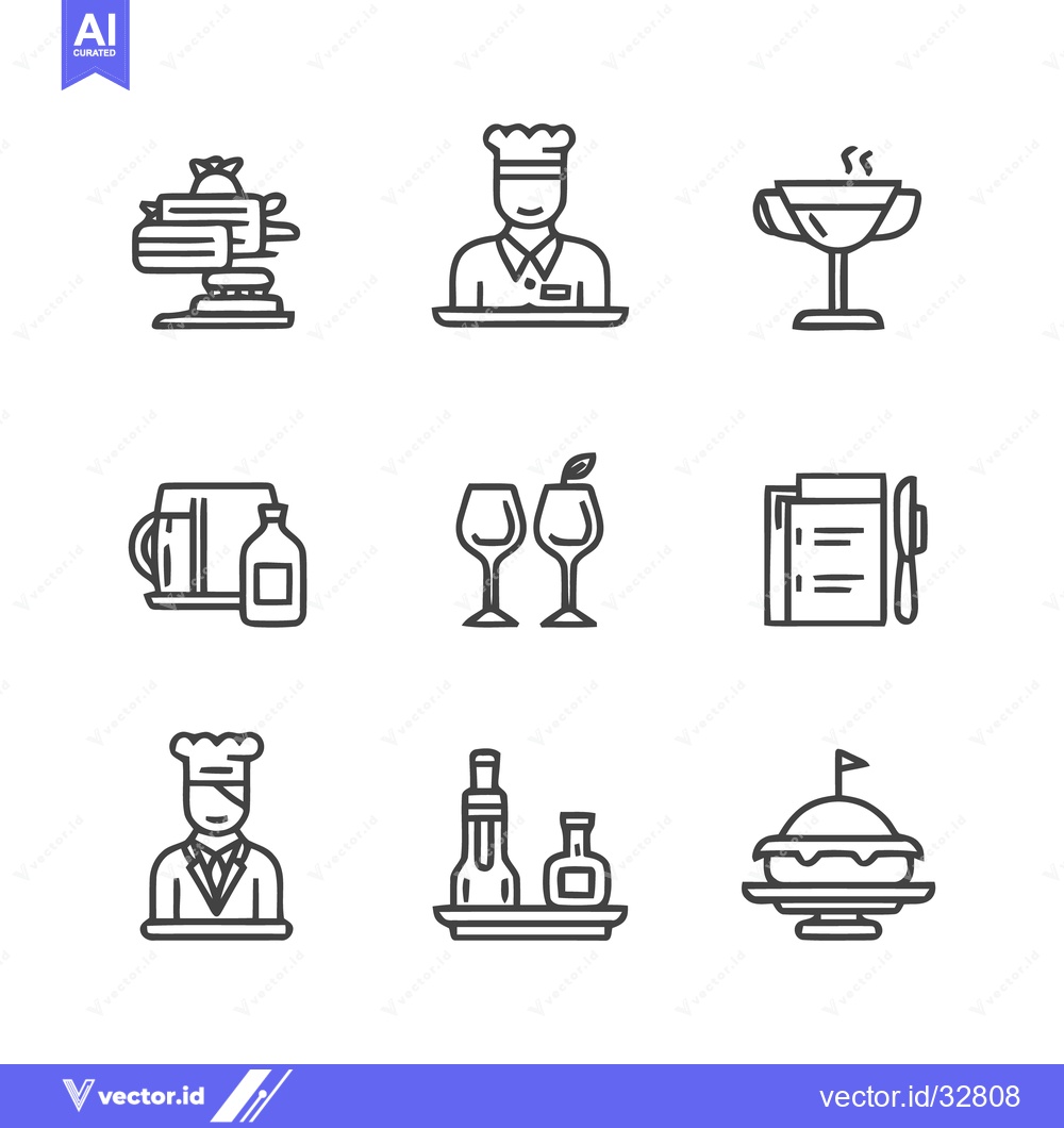 Premium Vector of Restaurant and food service icons in a simple linear style.