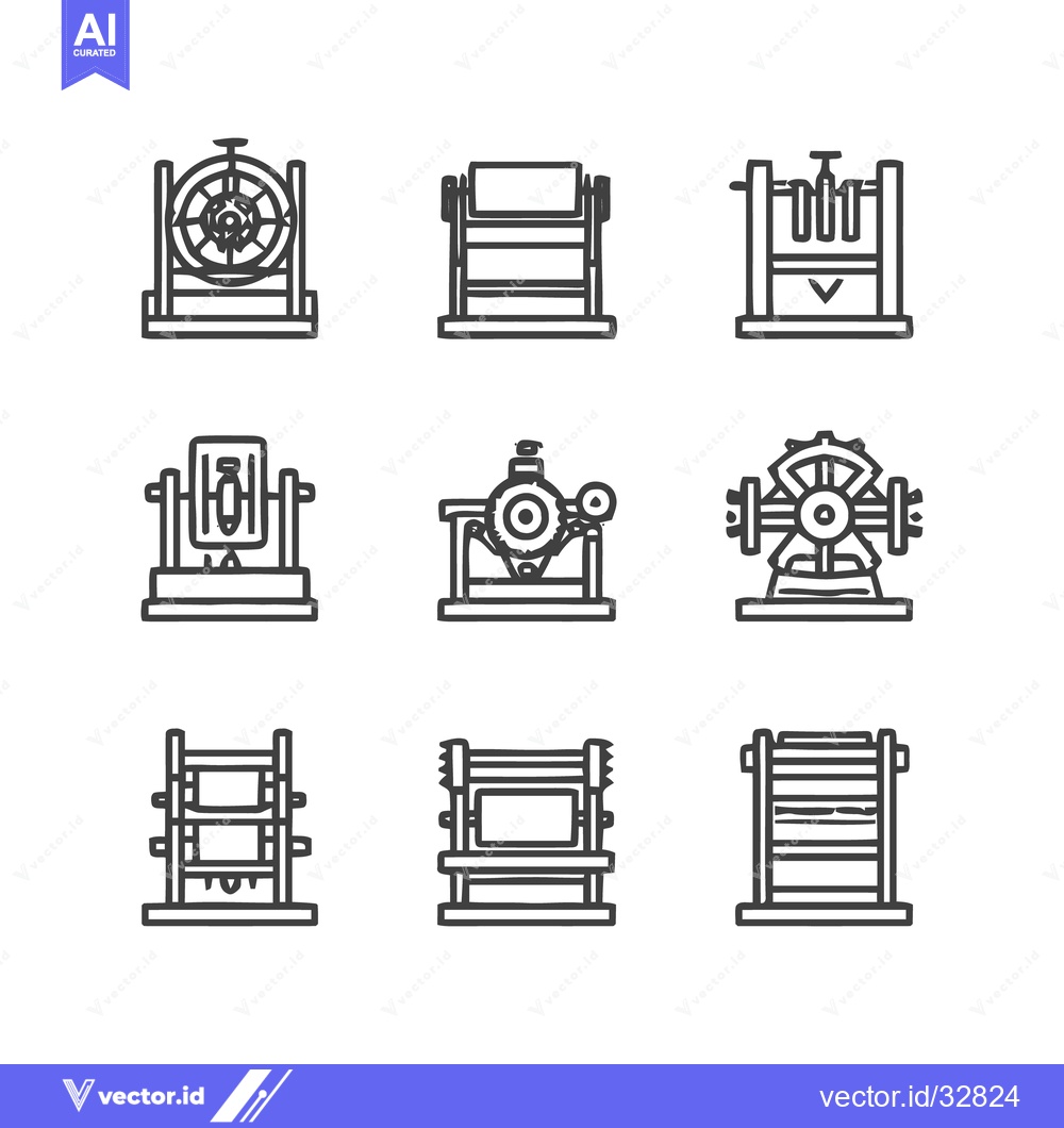 Premium Vector of Vintage Industrial Machinery Icons - Detailed Line Art Illustrations.