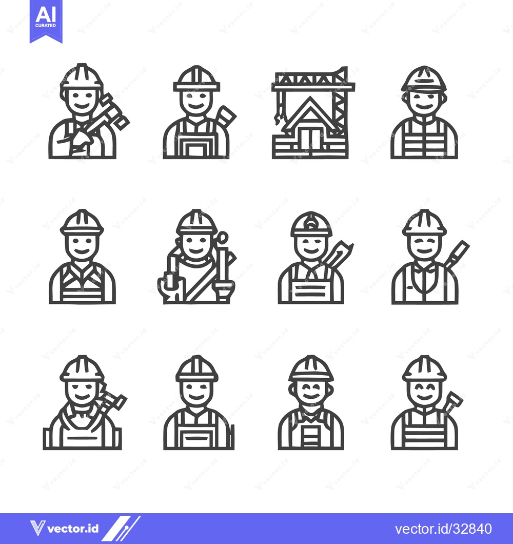 Premium Vector of Construction Workers - A Collection of Line Art Icons for Design.
