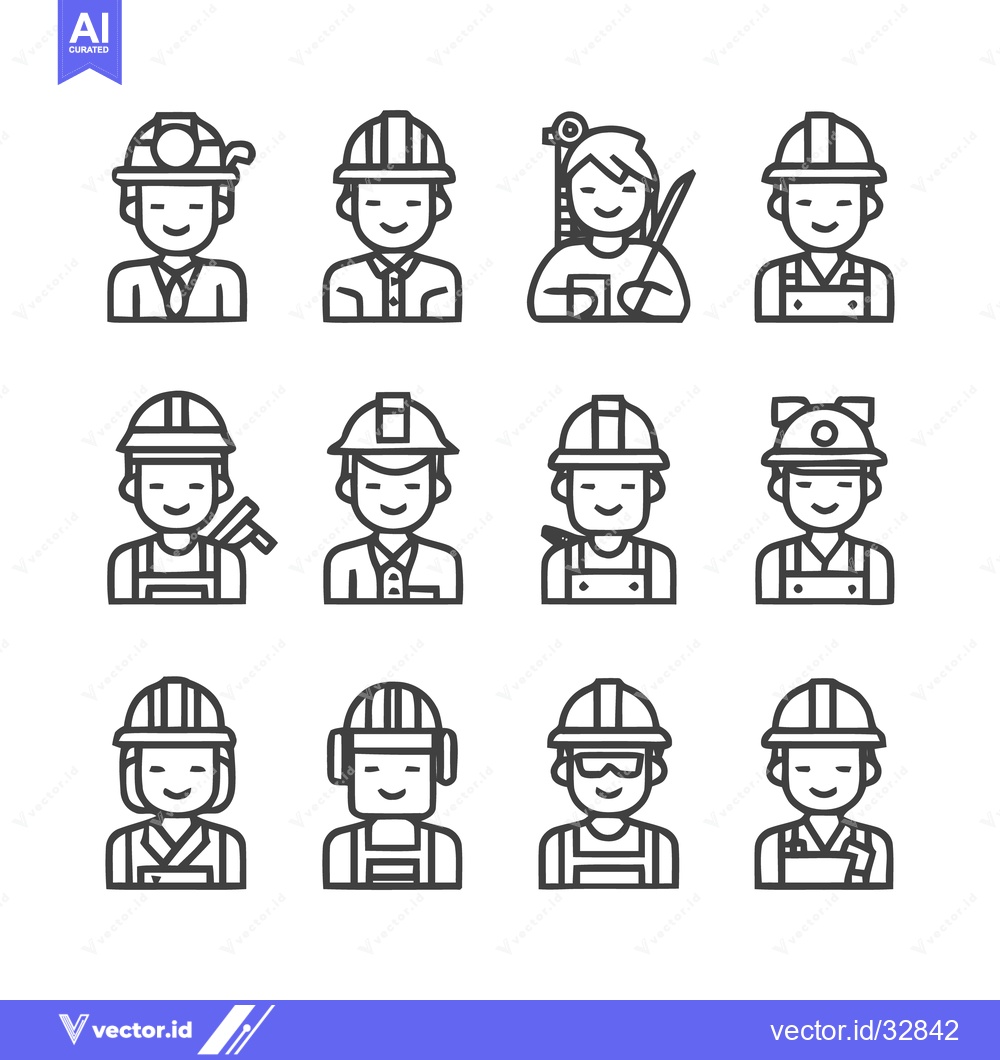 Premium Vector of Diverse Construction Workers - A Collection of Line Art Icons.