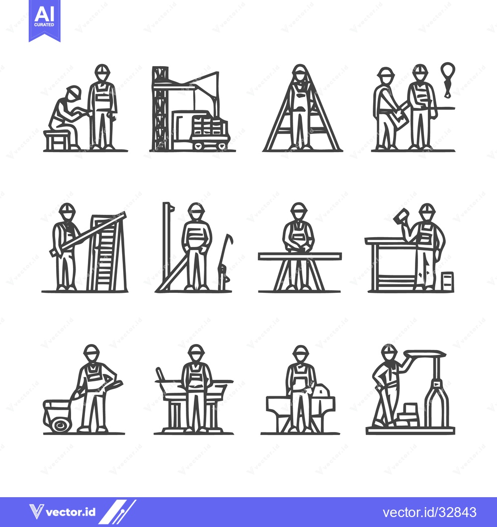 Premium Vector dari Construction workers performing various tasks in line art style.