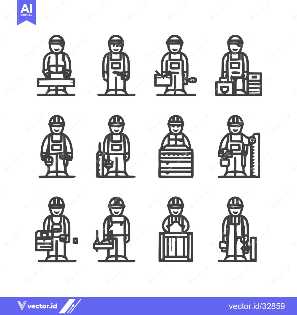 Premium Vector dari Construction workers icons set, various professions, line art style.