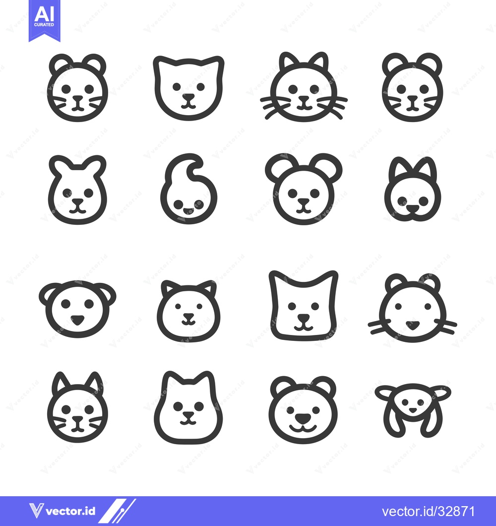 Premium Vector of Collection of Cute Animal Face Icons in Black Outline Style
