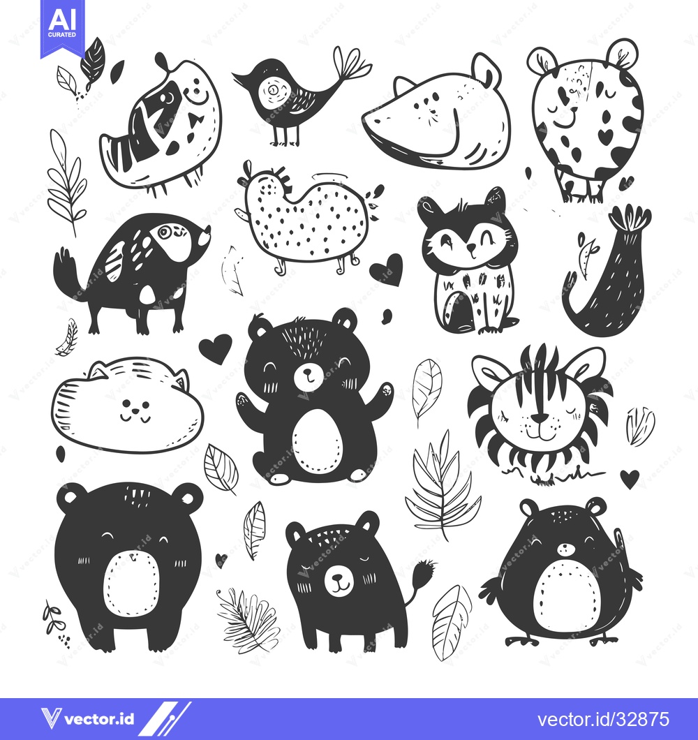 Premium Vector dari Collection of Cute Hand-Drawn Black and White Animals