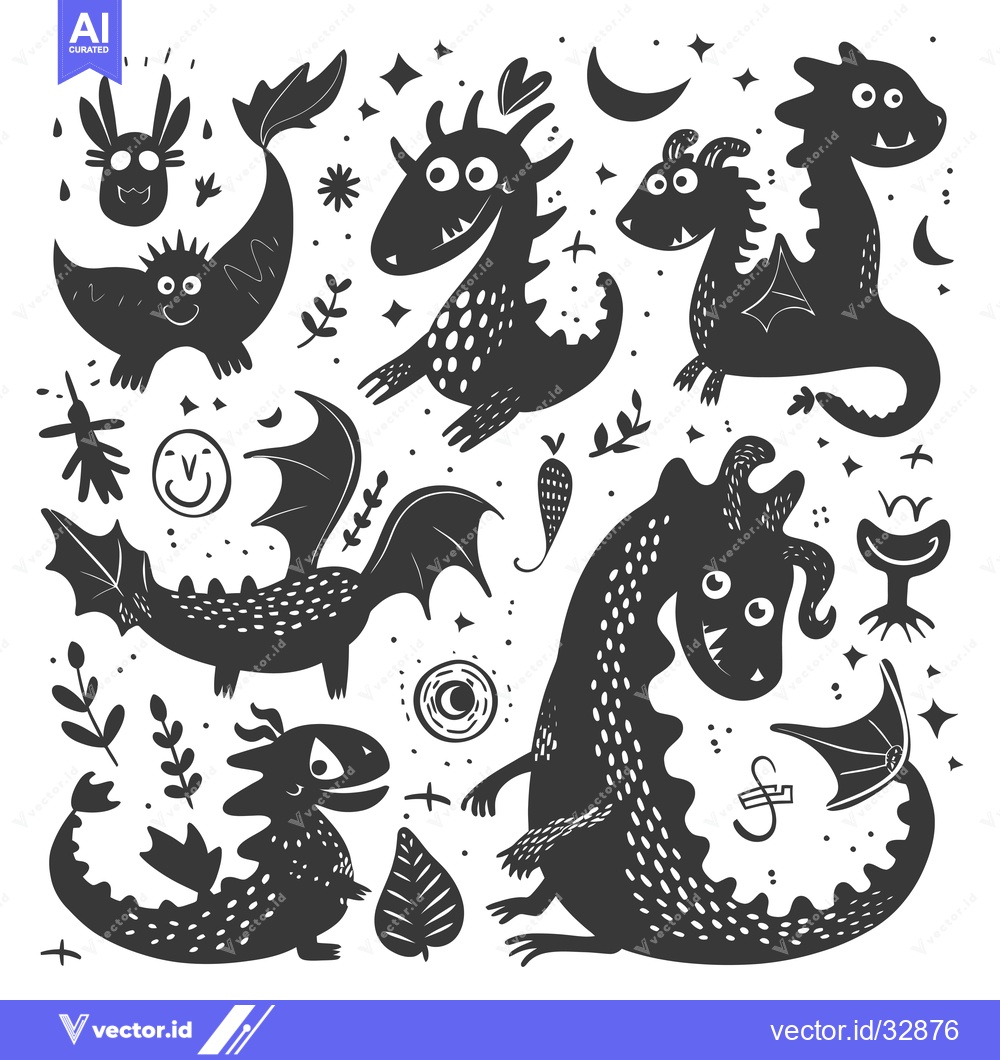 Premium Vector dari Collection of Cute Hand-Drawn Black and White Dragons with Wings and T