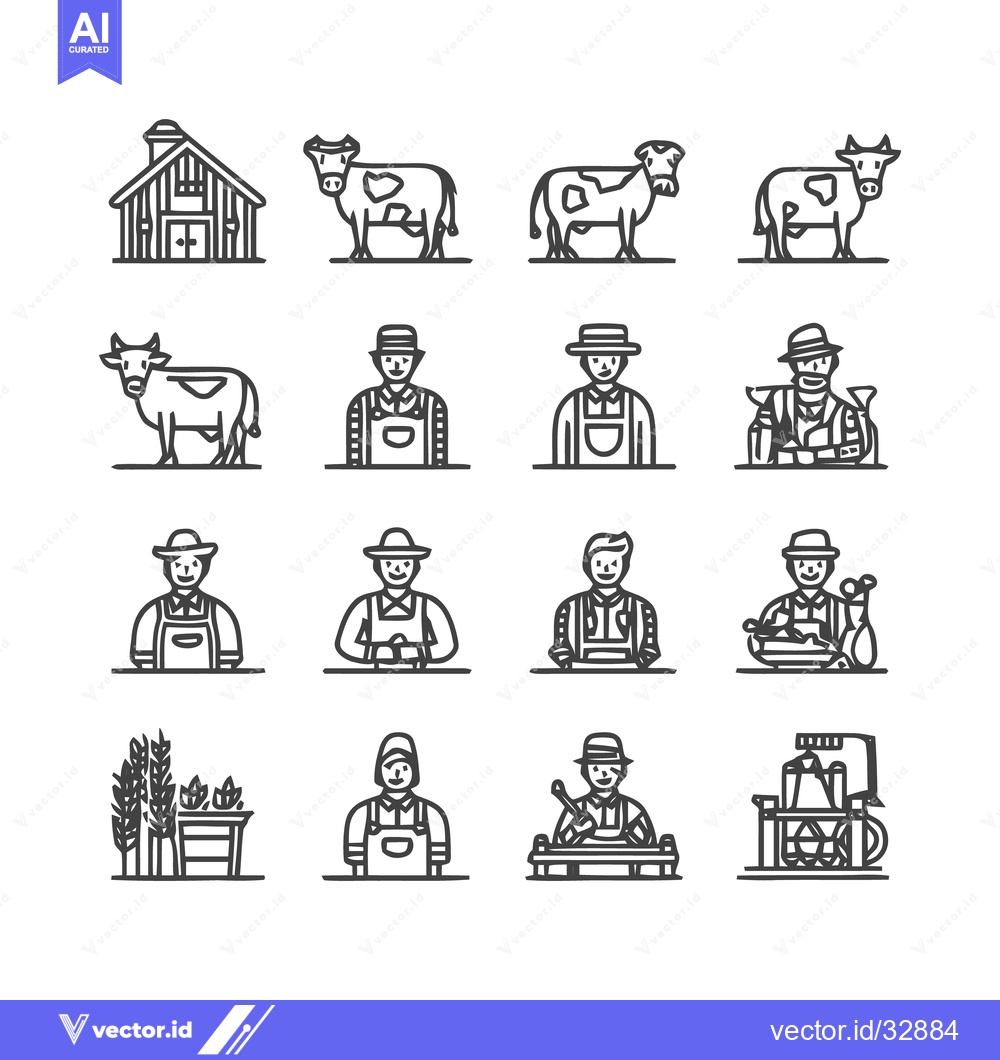 Premium Vector dari Farm life - Barns, cows, and farmers in line art.