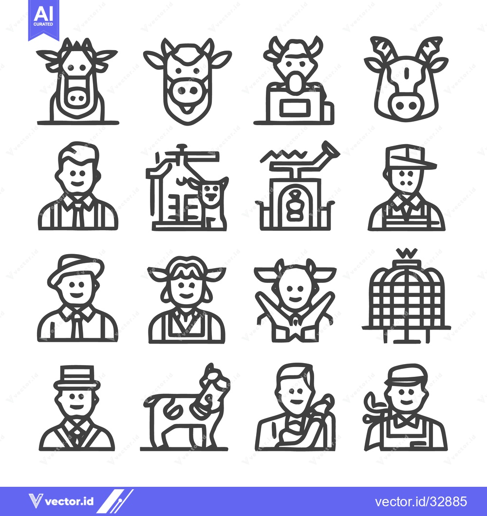 Premium Vector of Farm Life Icons - Cows, Farmers, and Agricultural Elements.