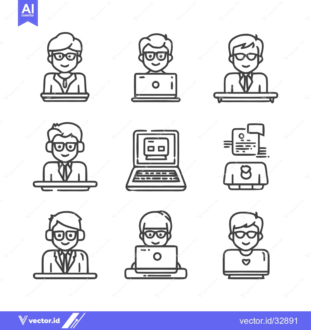 Premium Vector of Diverse Line Art Icons of Professionals and Technology.