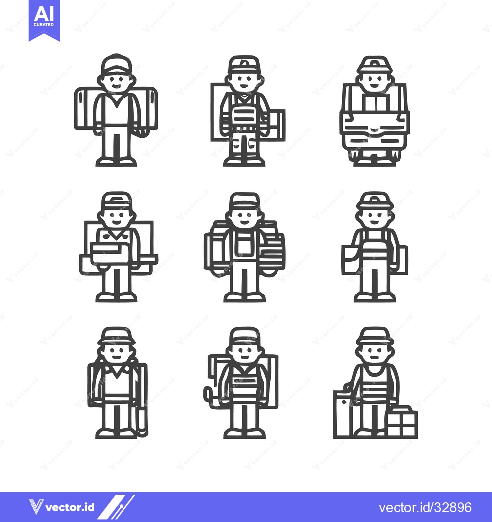 Premium Vector dari Delivery personnel icons representing various poses and carrying packa