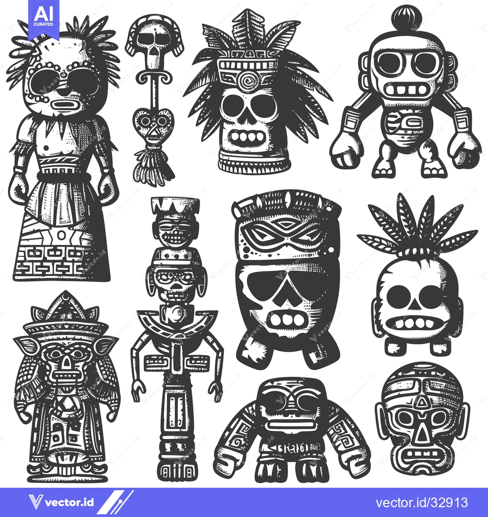 Premium Vector dari Collection of Detailed Black and White Drawings of Aztec Skulls and Fi