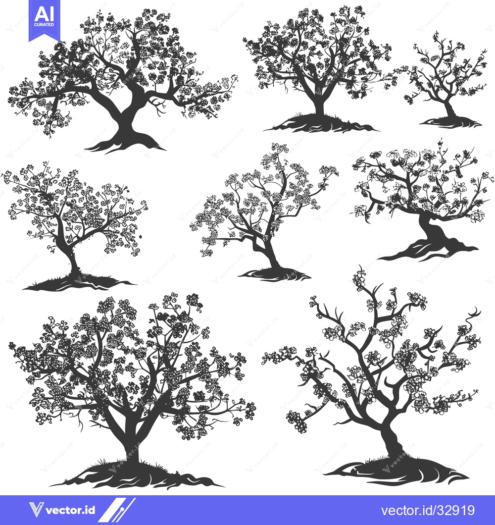 Premium Vector dari Collection of Detailed Black and White Tree Silhouettes