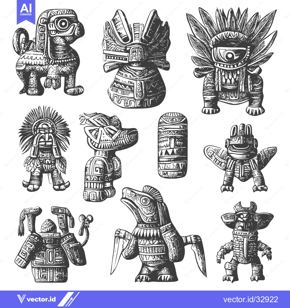 Premium Vector dari Collection of Detailed Hand-Drawn Aztec Figurines