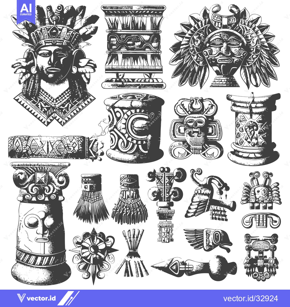 Premium Vector dari Collection of Detailed Hand-Drawn Mayan Artifacts and Symbols