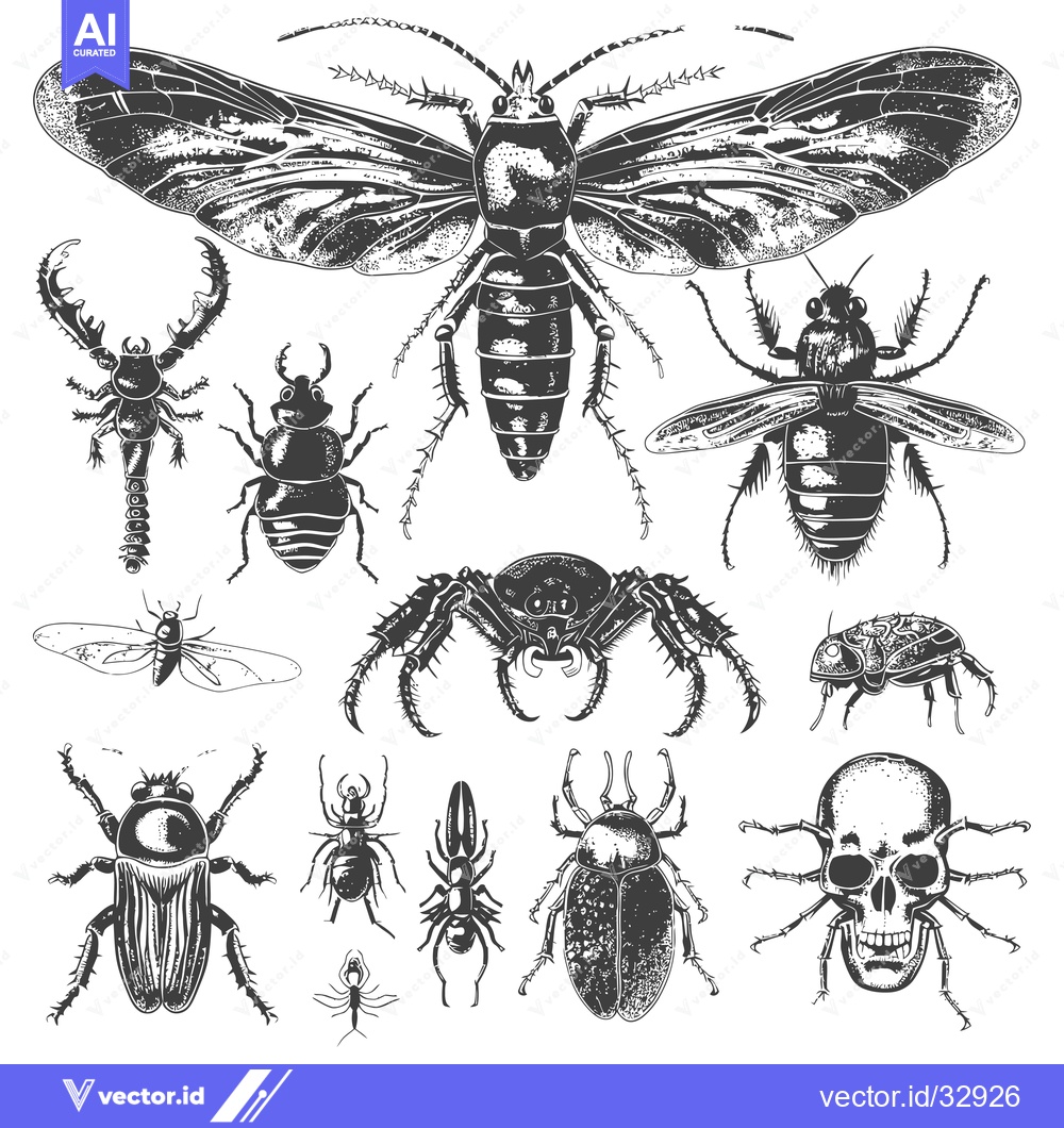 Premium Vector dari Collection of Detailed Insect Illustrations in Black and White