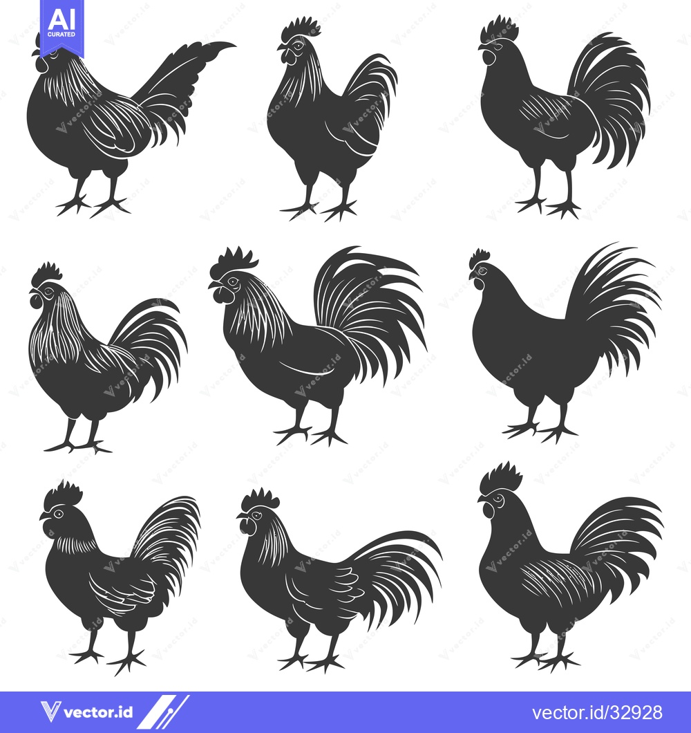 Premium Vector of Collection of Detailed Rooster Silhouettes in Black and White