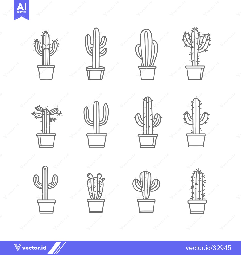 Premium Vector dari Collection of Different Cactus Plants in Pots