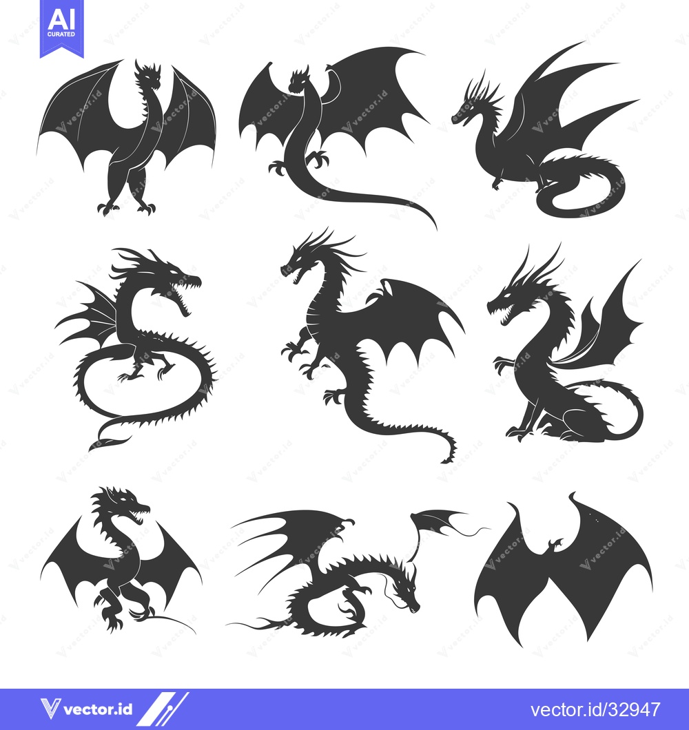 Premium Vector of Collection of Different Dragon Silhouettes in Various Poses