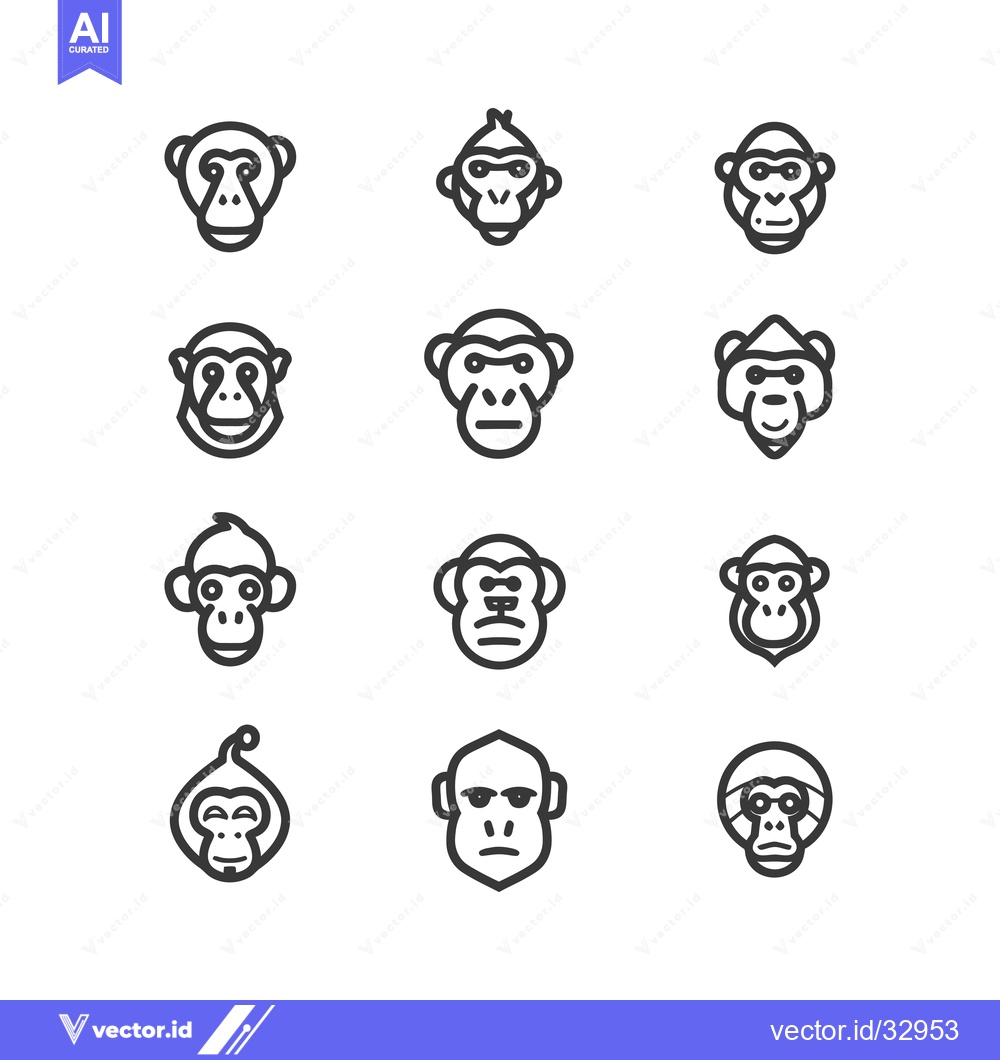 Premium Vector dari Collection of Different Monkey Faces Illustrated as Outline Icons