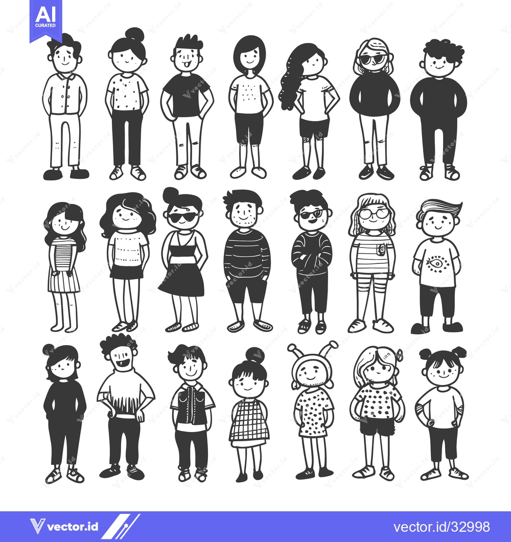 Premium Vector dari Collection of Diverse Hand-Drawn Cartoon Children in Casual Outfits