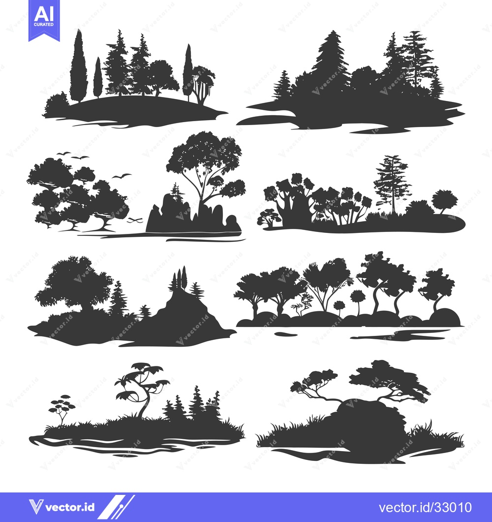 Premium Vector of Collection of Diverse Tree Silhouettes with Landscapes