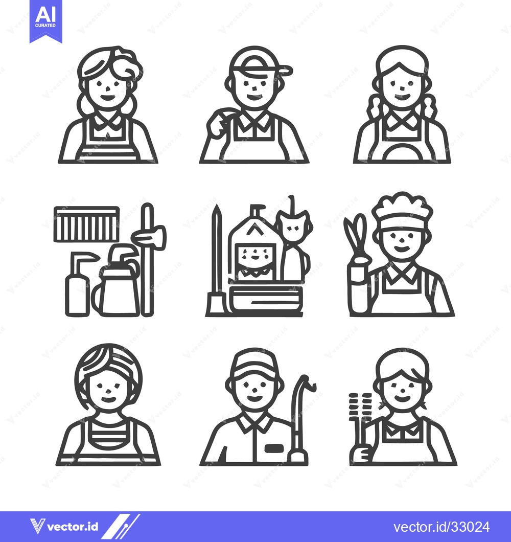 Premium Vector of Cleaning and Service Professionals - A Comprehensive Icon Set.