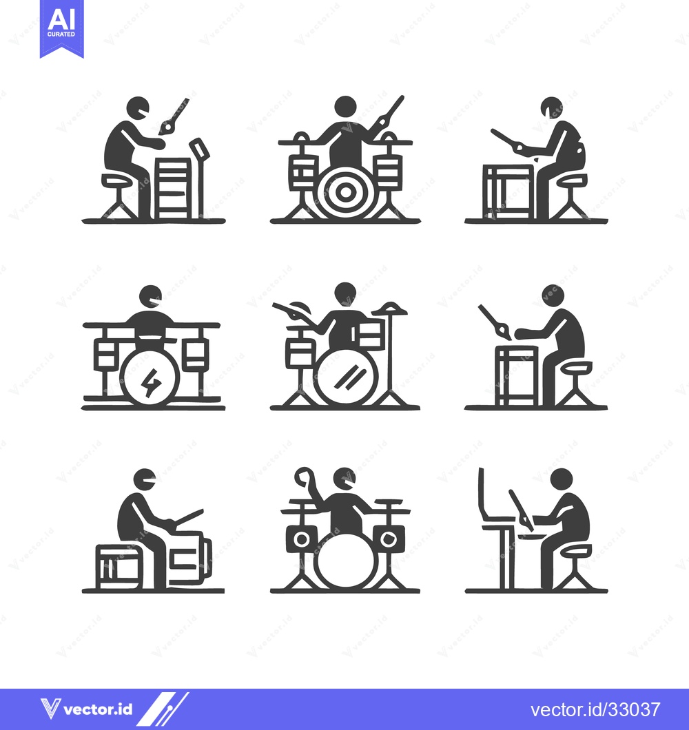 Premium Vector dari Drummer playing drum set in various positions, vector icons.
