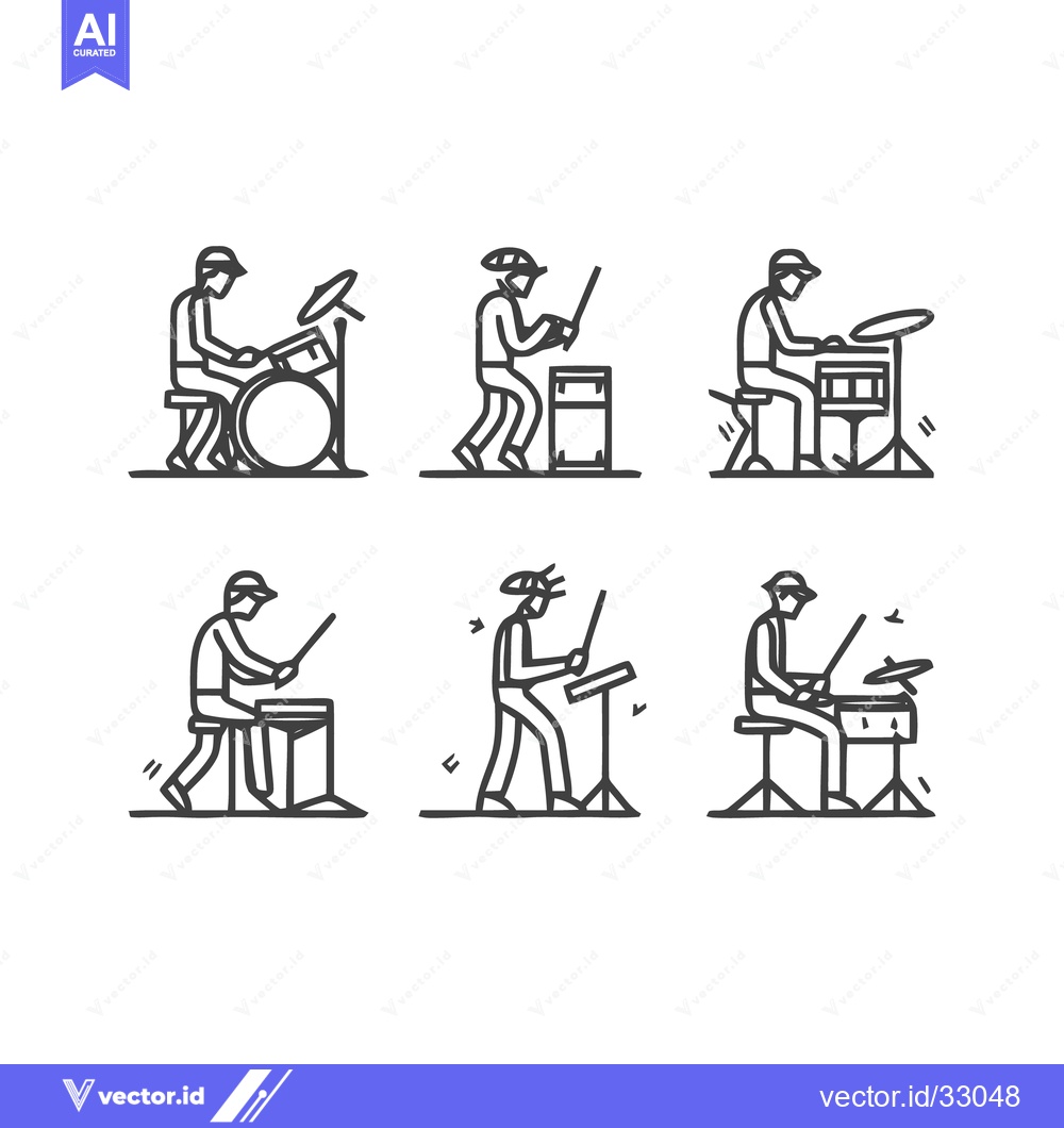 Premium Vector of Minimalist Drummer Illustrations - A Set of Six Line Art Musicians.