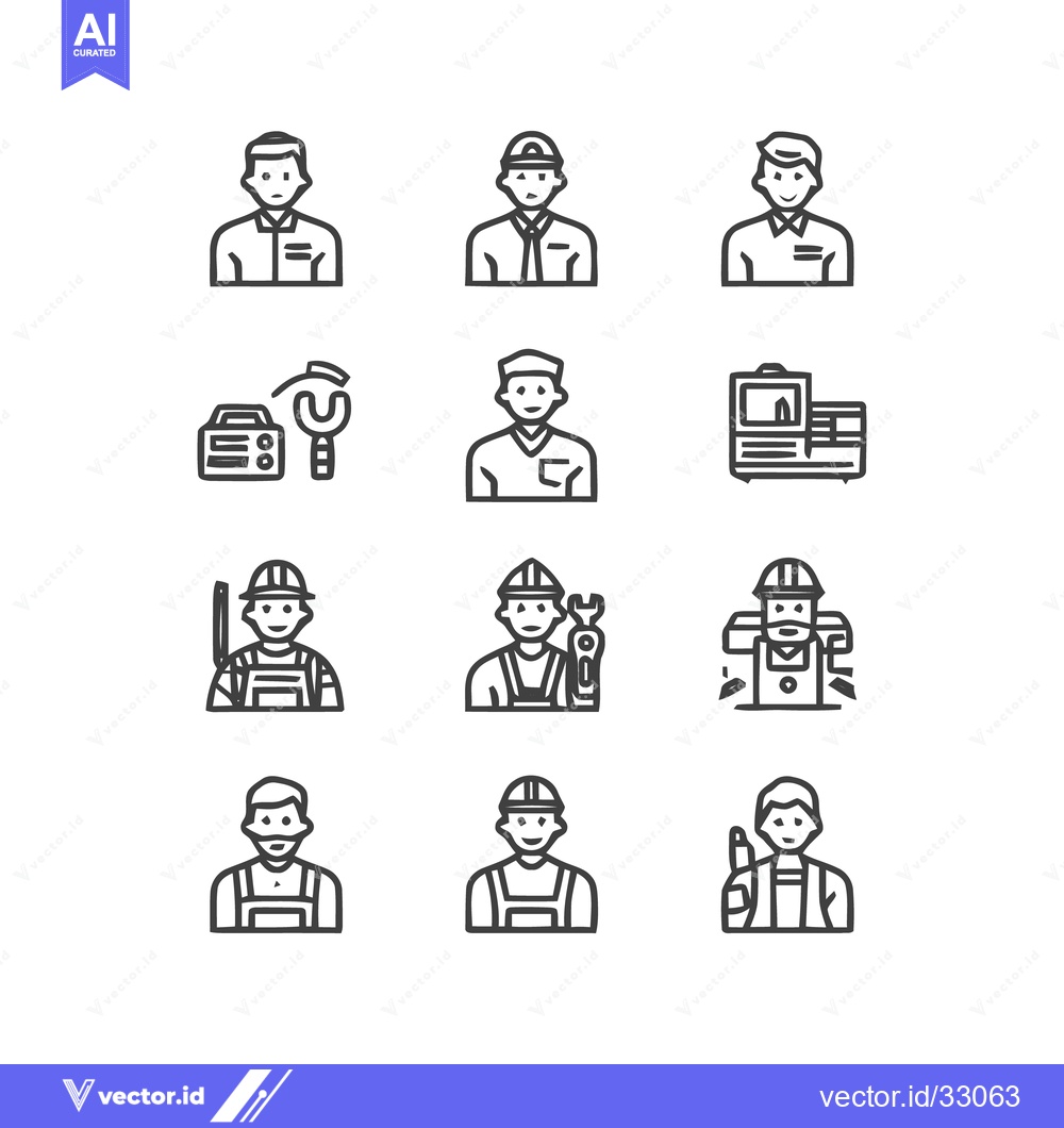 Premium Vector of Diverse Line Art Icons Depicting Various Professions and Occupations.