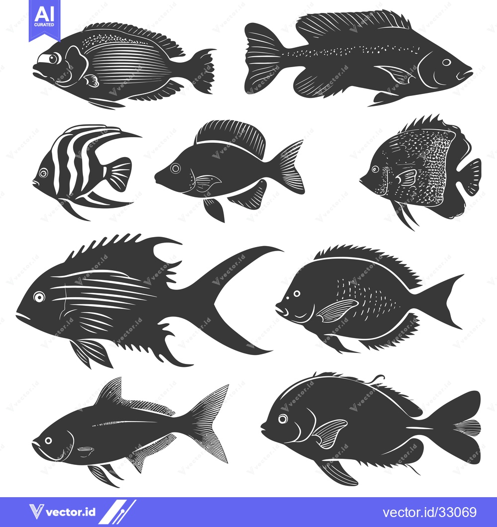 Premium Vector dari Collection of Eight Black and White Fish Silhouettes